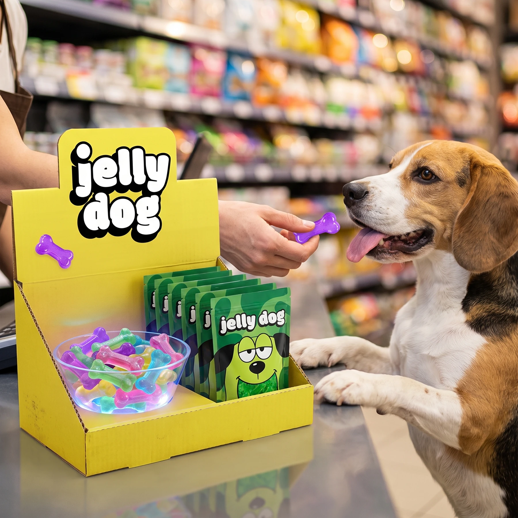 Jelly Dog counter display in a pet store