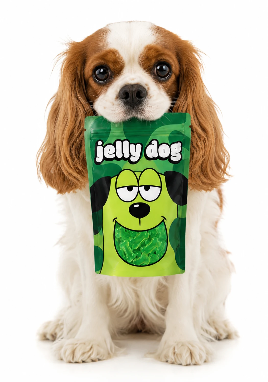 A dog holding the Jelly Dog green pack
