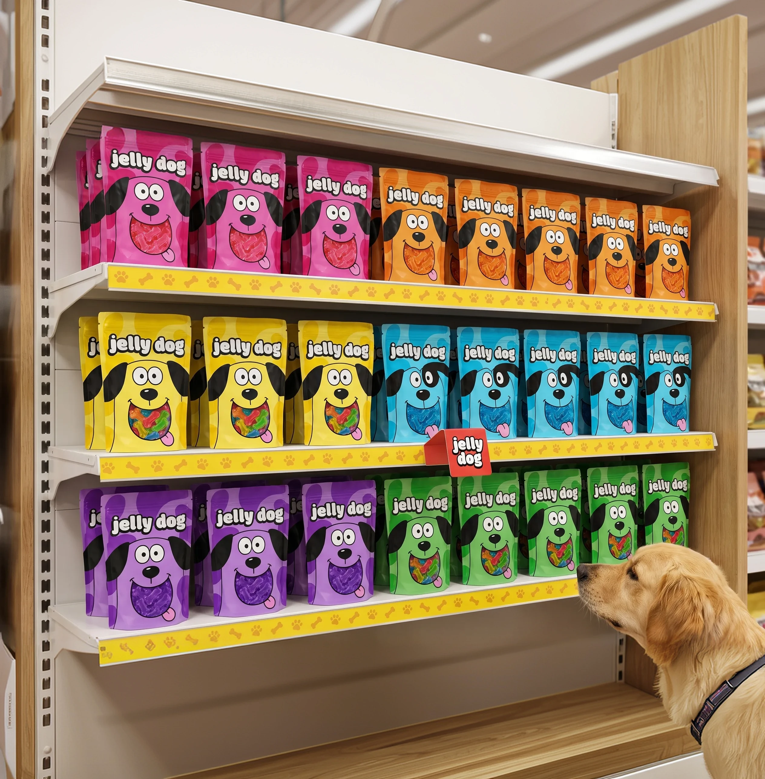 The full Jelly Dog line on a retail shelf
