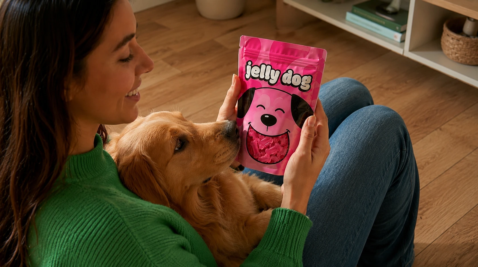A dog owner with the Jelly Dog pink pack