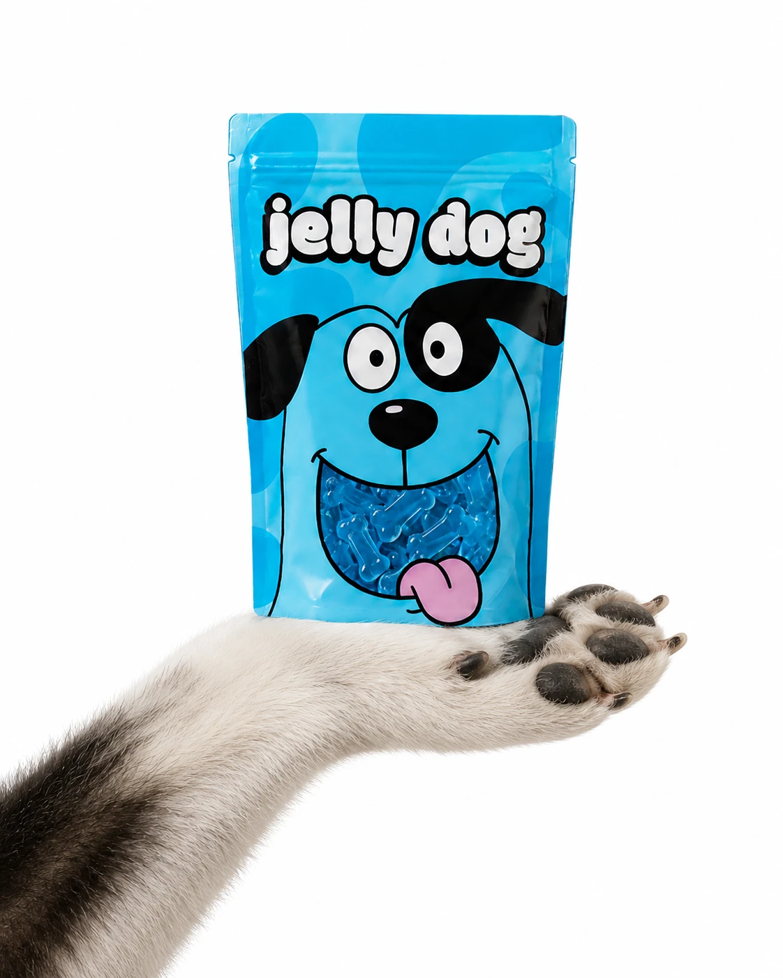 Jelly Dog pack, blue variant, with a paw