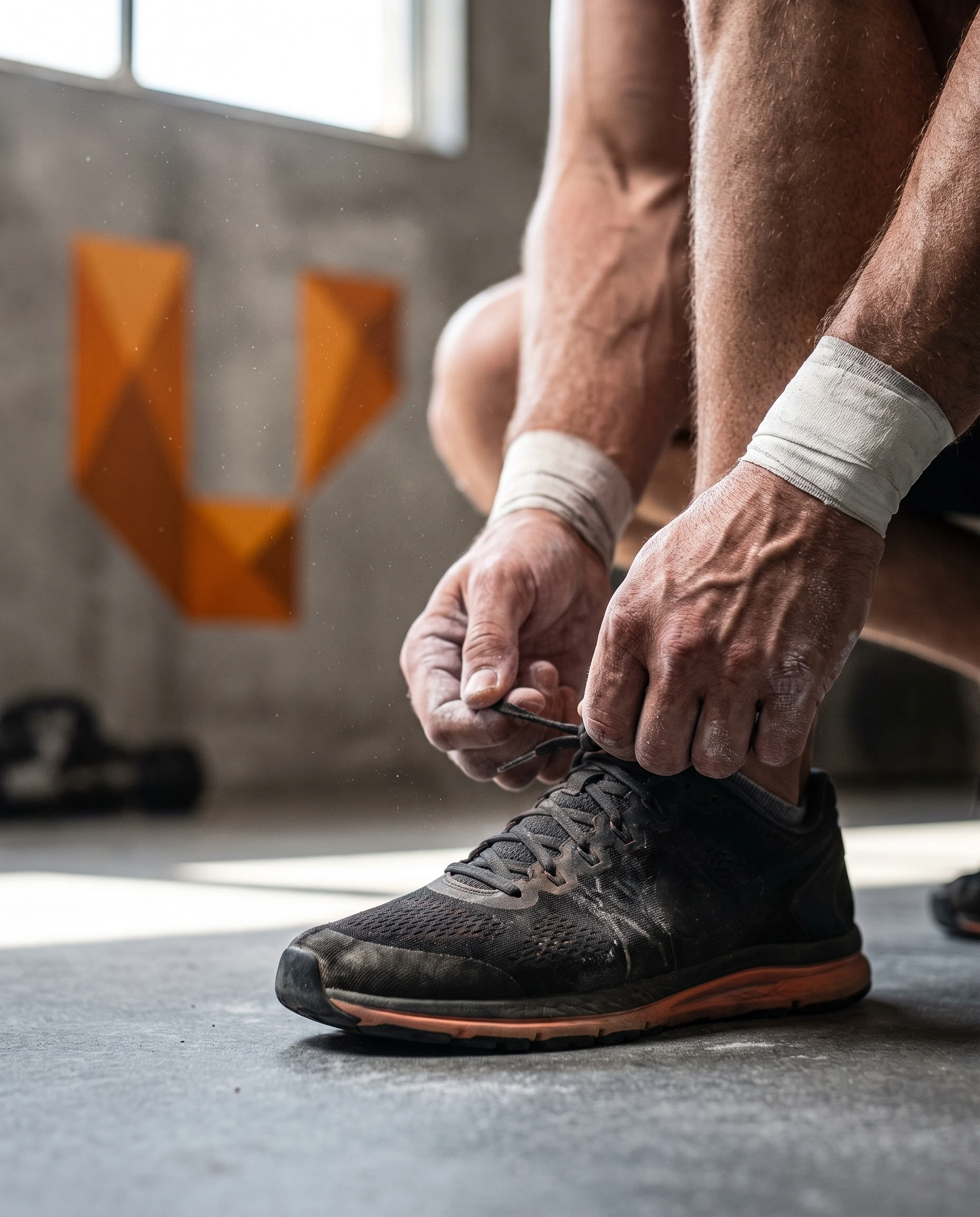 An athlete tying shoes
