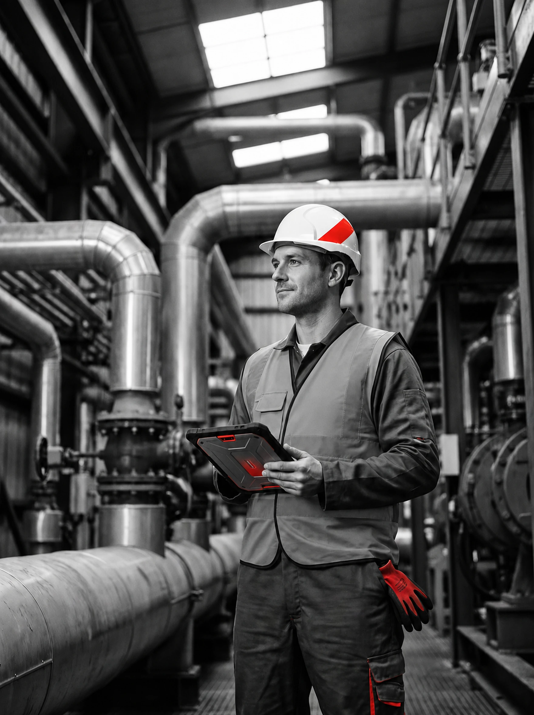 An engineer on site with a tablet