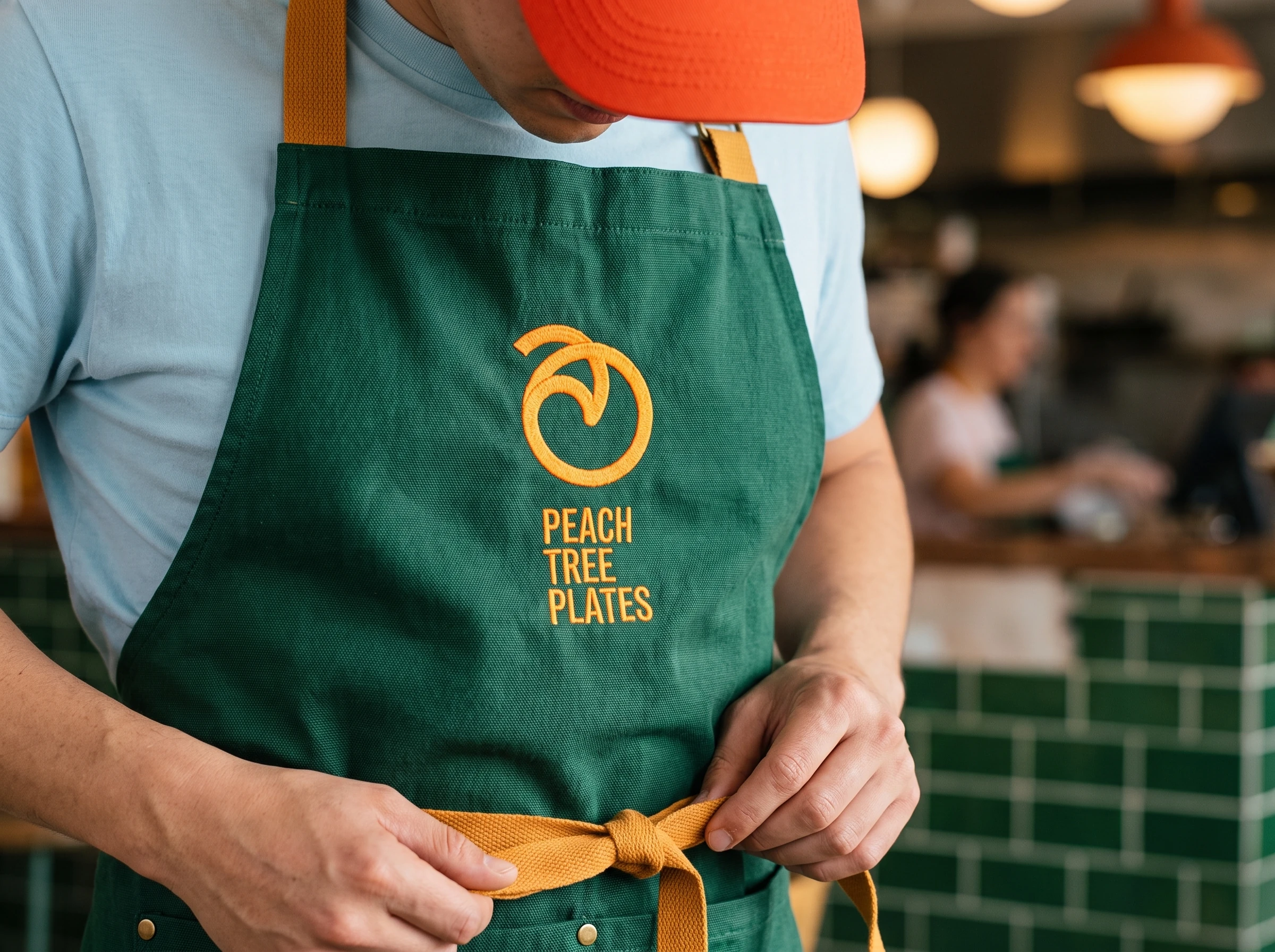 A PeachTree Plates apron worn by a staff member