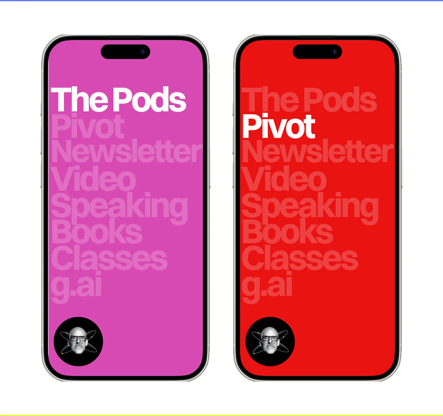 Content screens in pink and red