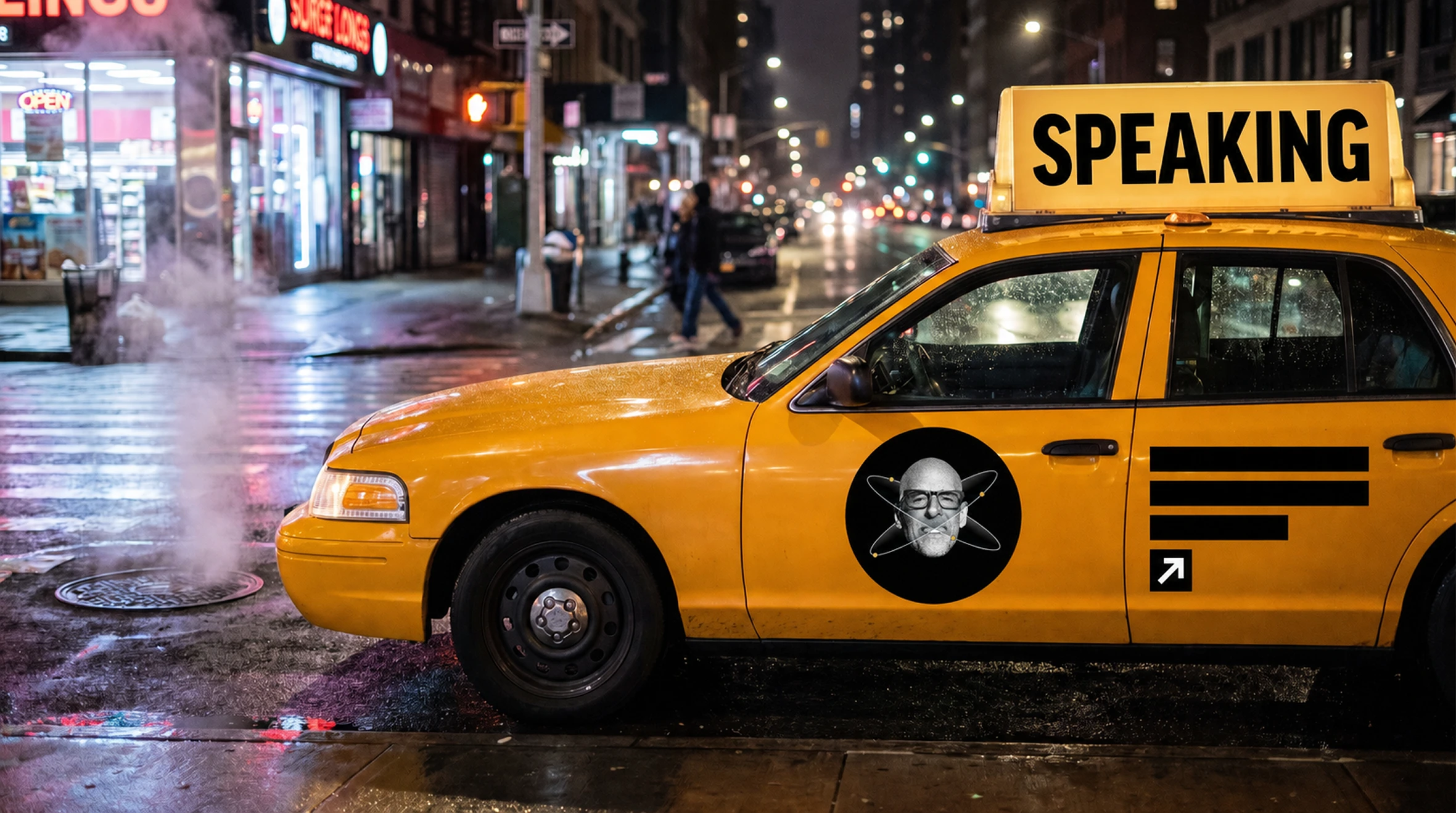A taxi carrying the Speaking message