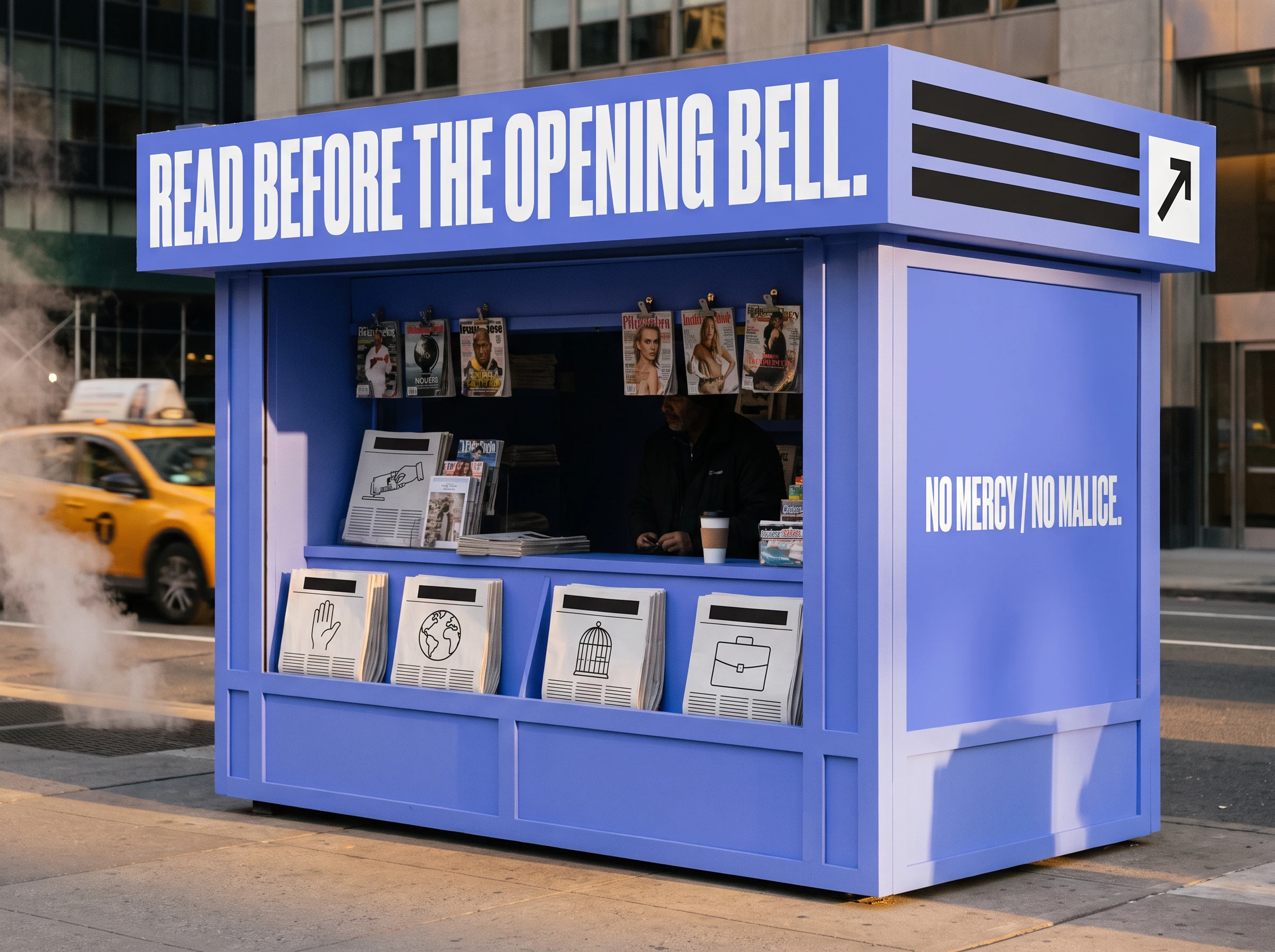 A newsstand in the brand colors