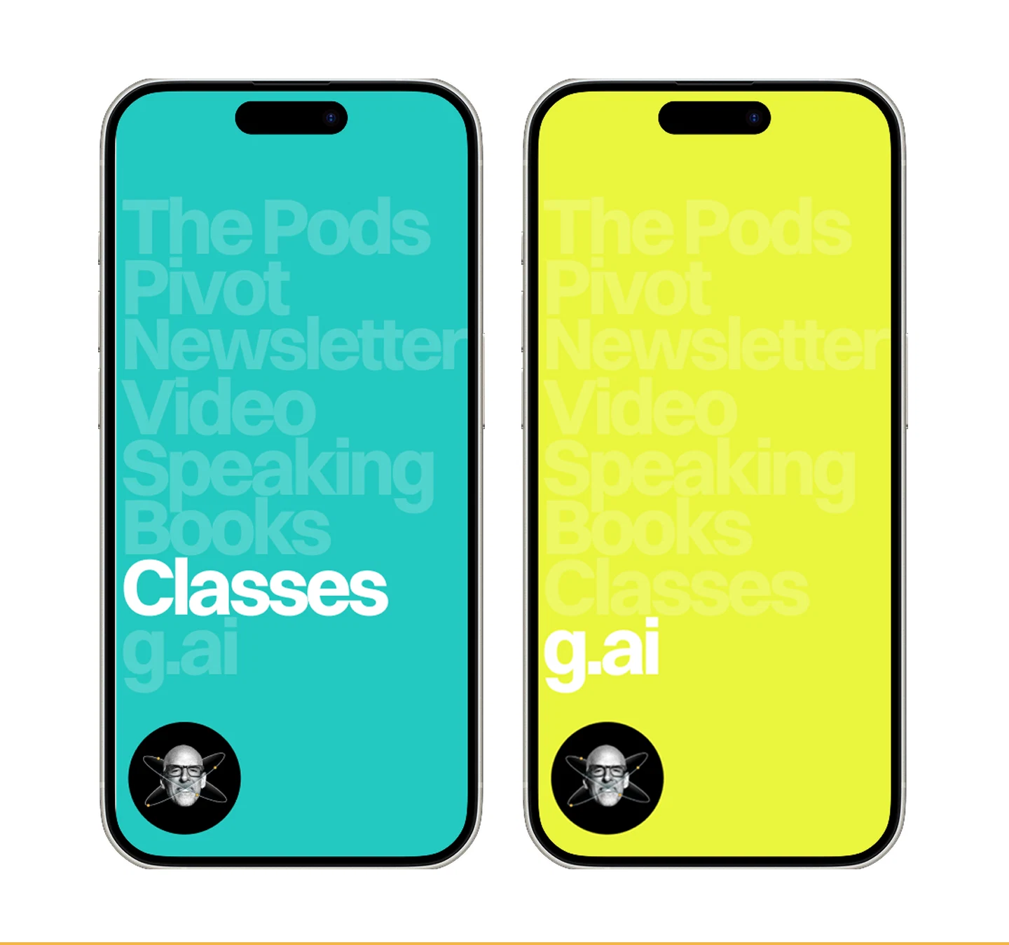 Content screens in teal and yellow