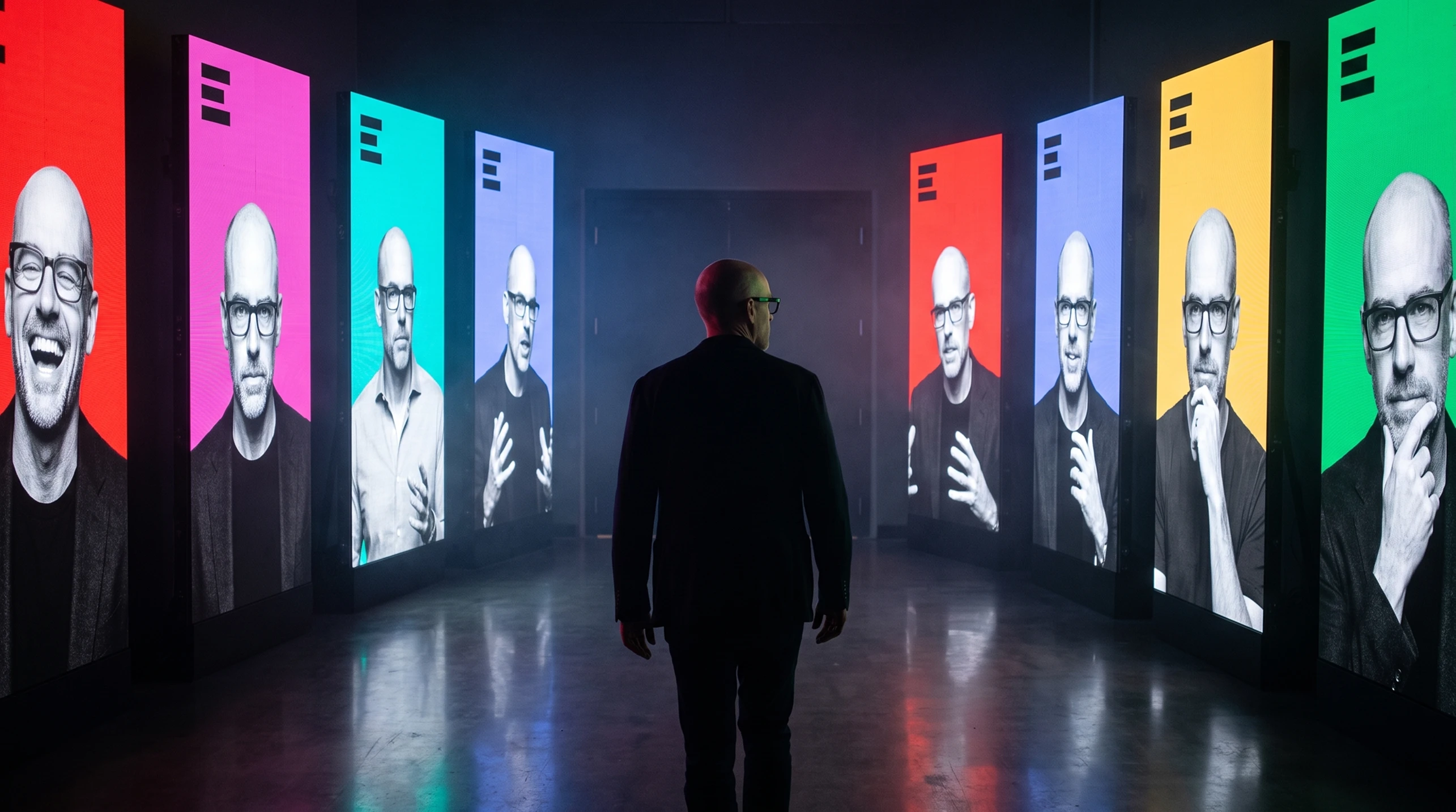 A corridor of screens in the brand palette